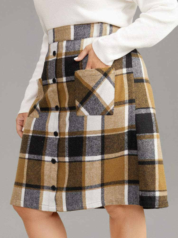 Plaid Button Detail Patched Pocket Skirt