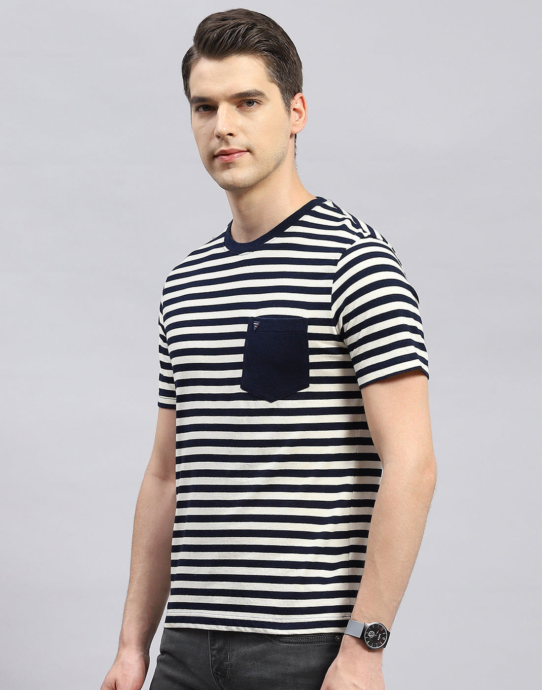 Men Navy Blue Stripe Polo Collar Half Sleeve T-Shirt