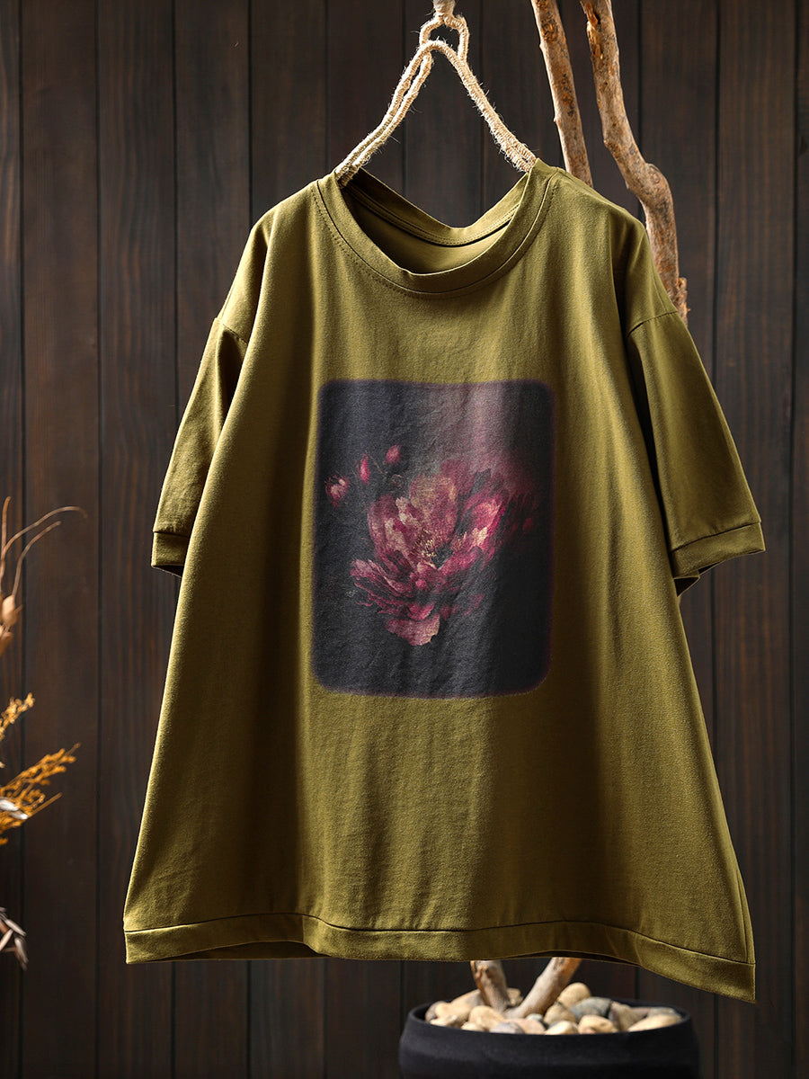 Women Summer Artsy Flower Print Cotton Shirt