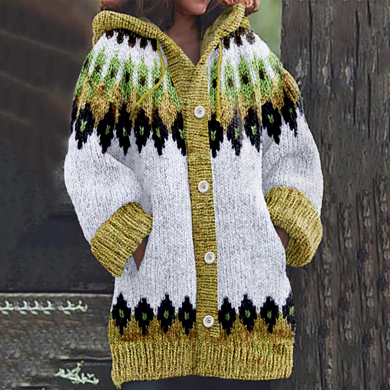 Retro Geometry Inspiration Icelandic Cozy Hooded Knitted Cardigan