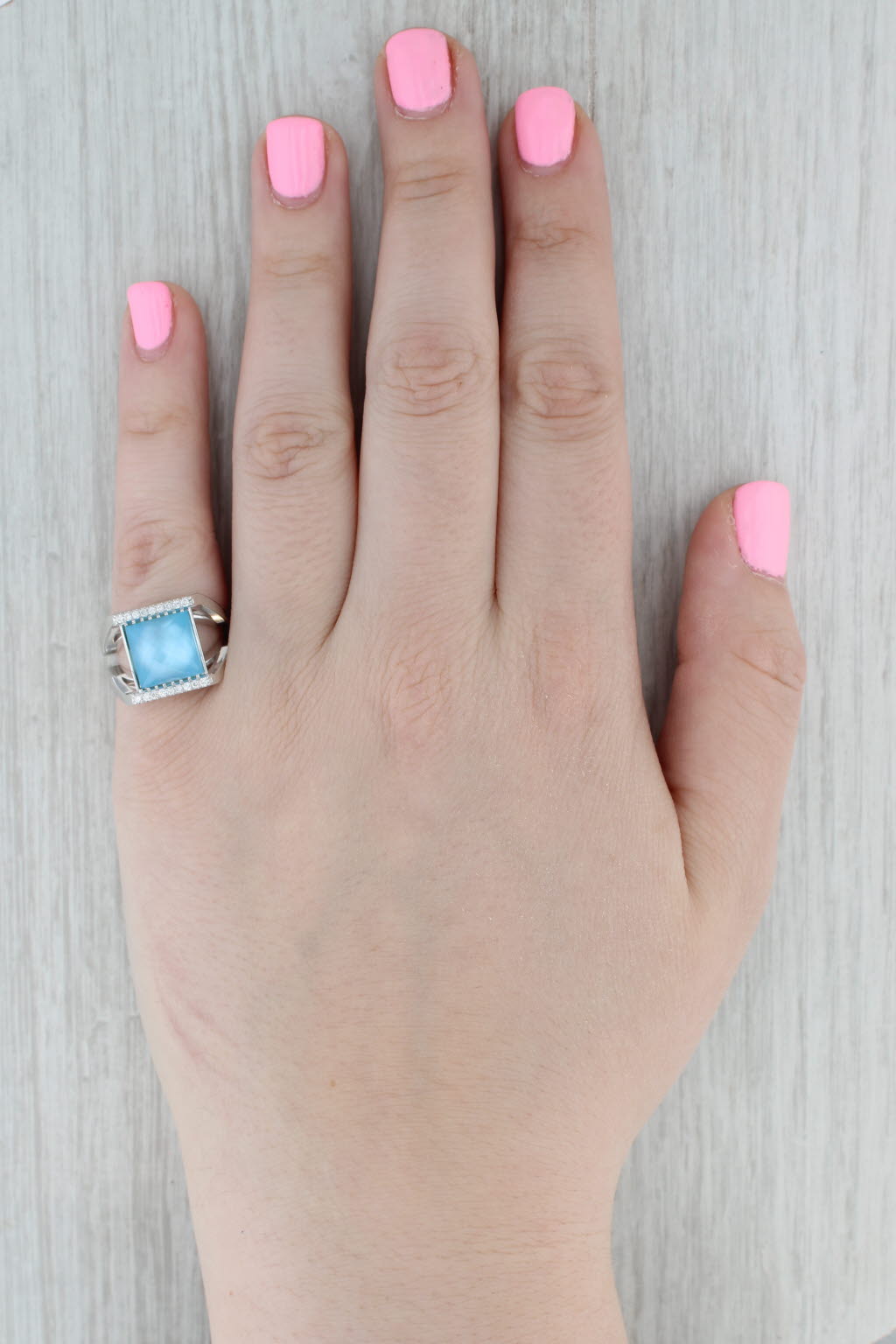 Blue Topaz Mother of Pearl Diamond Ring 18k White Gold Size 6.5