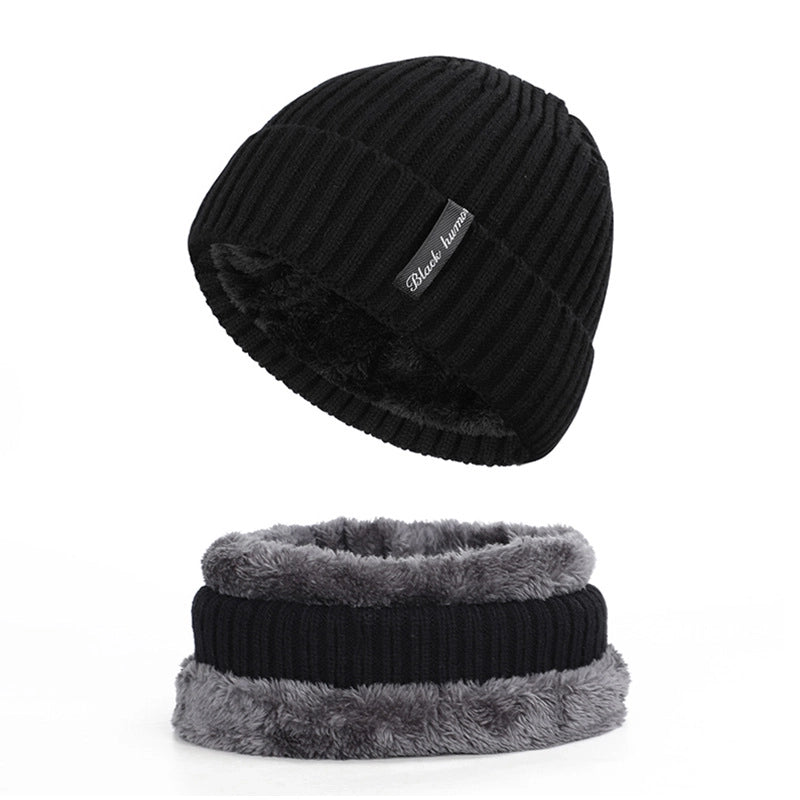 Autumn And Winter New Men's Style Knitted Hat Plus Velvet Padded Scarf Two-piece Warm Knitted Hat