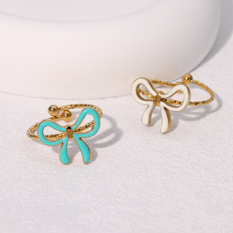 Fashionable Simple Cute Sweet Ins-Style Gold-Plated Bow-Knot Open Stainless Steel Ring Jewelry For Women