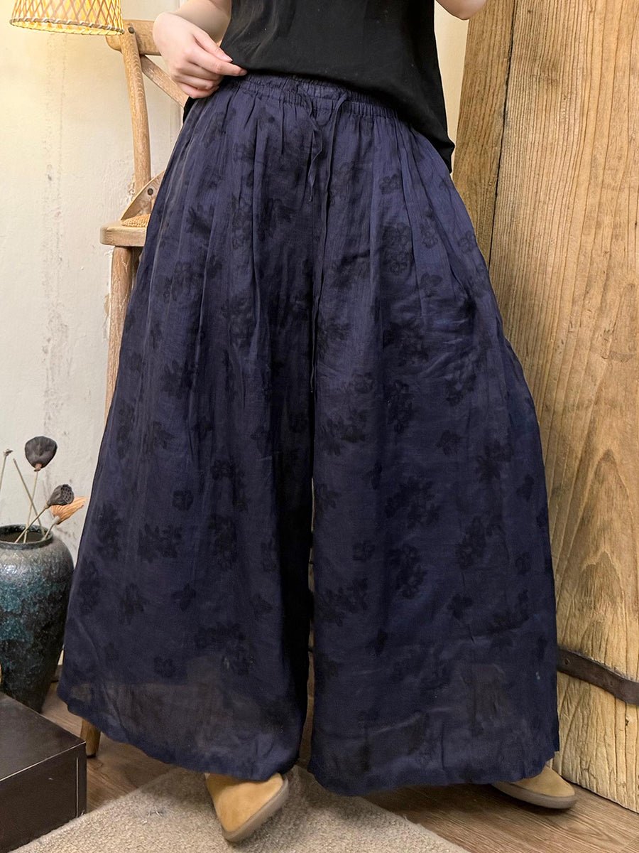 Women Summer Retro Print Ramie Wide-leg Pants