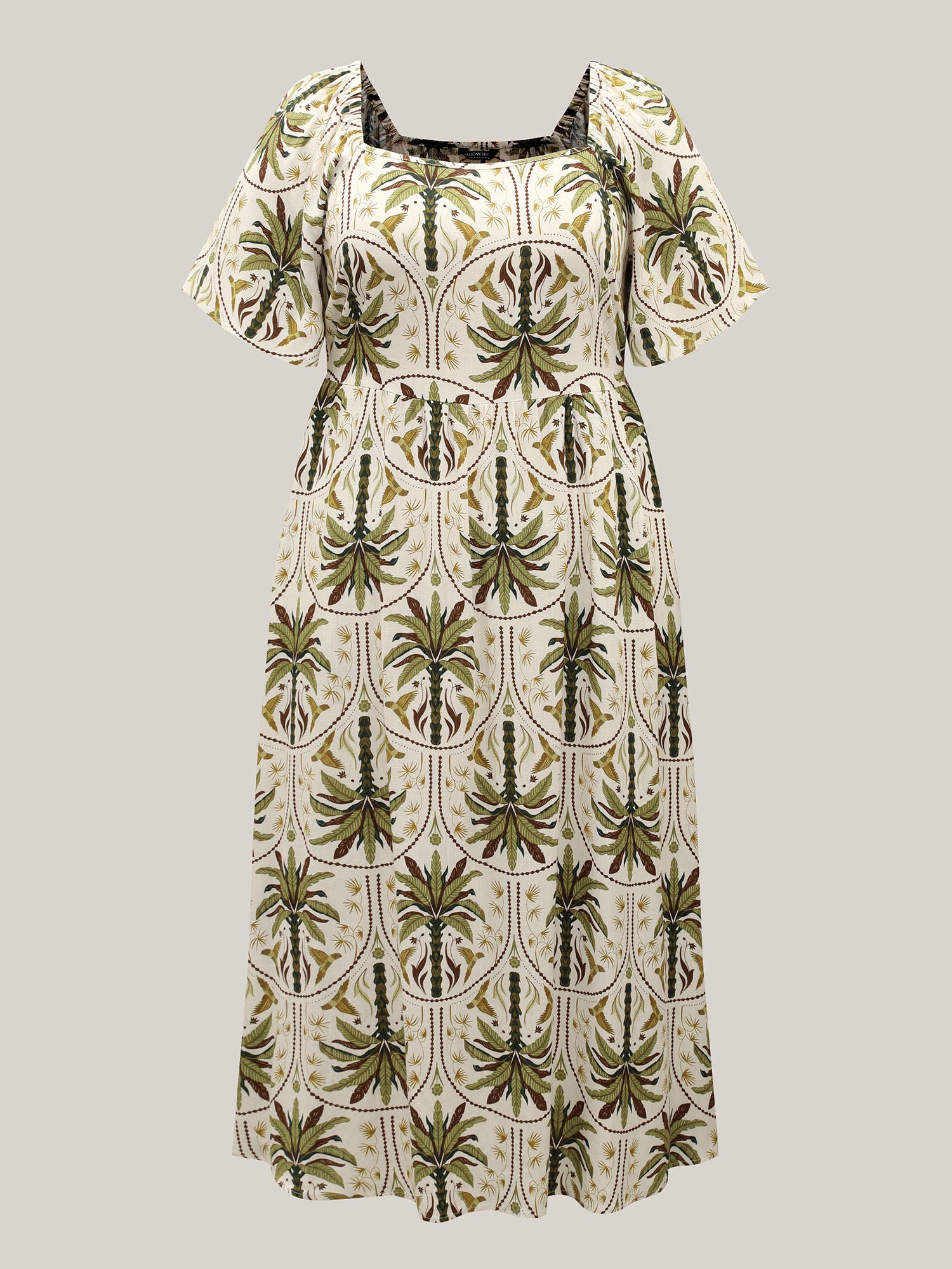 Tropical Print A-Line Slit Midi Dress