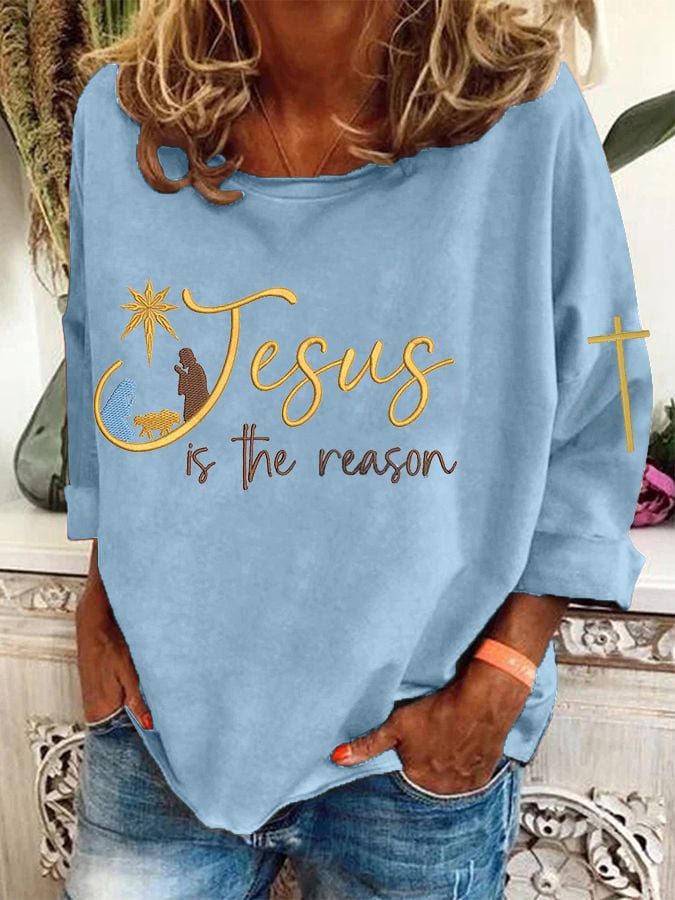 Women's Christmas Religious Jesus Is The Reason Cross Print T-Shirt