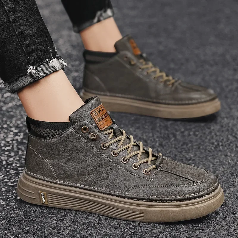 flats Trend Men's Casual Leather Shoes   for Men High-top Black Casual Male Sneakers Platform Ankle Boots Tênis Masculino 2025