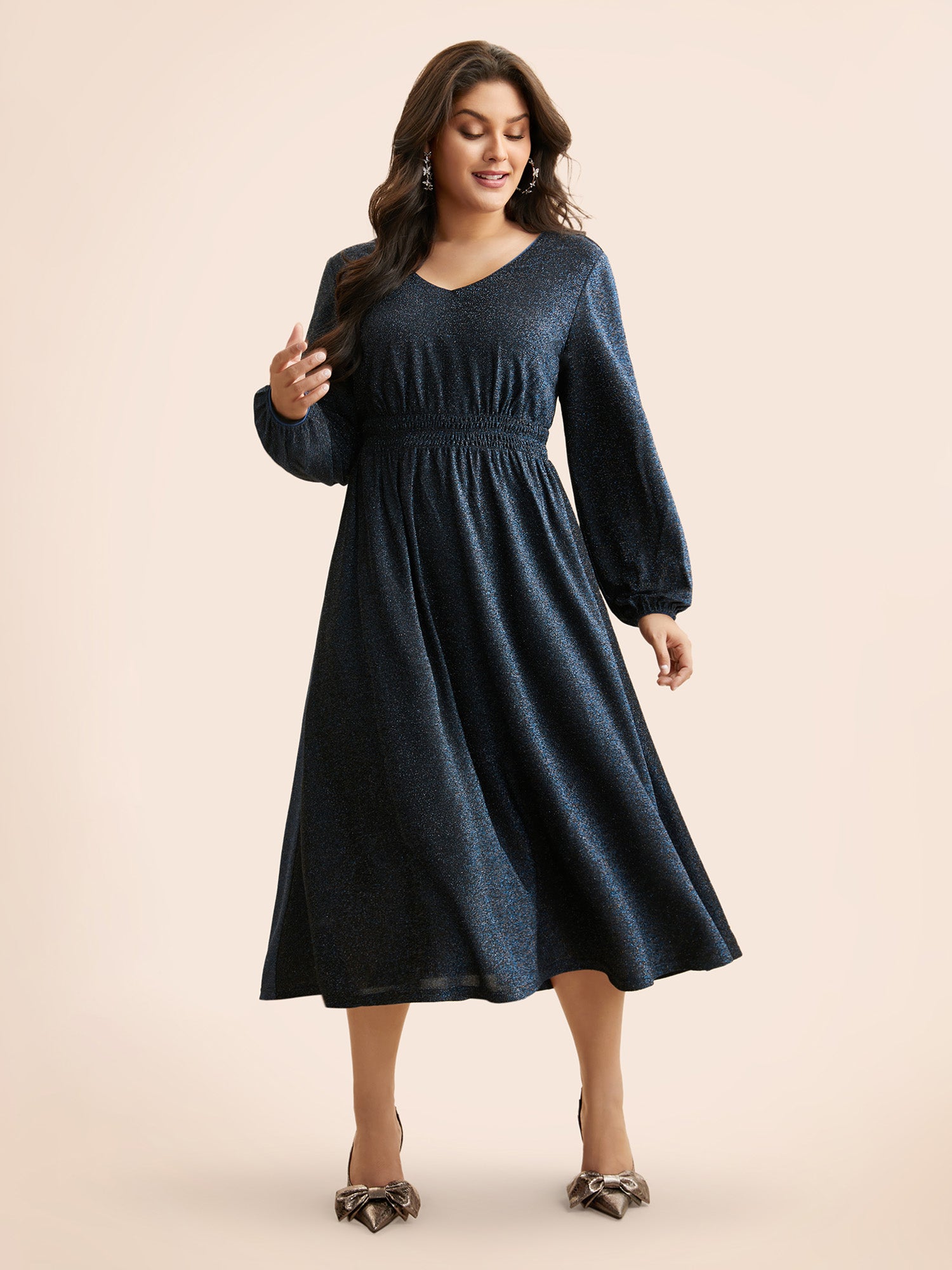 V Neck Luxe Texture Shirred Dress