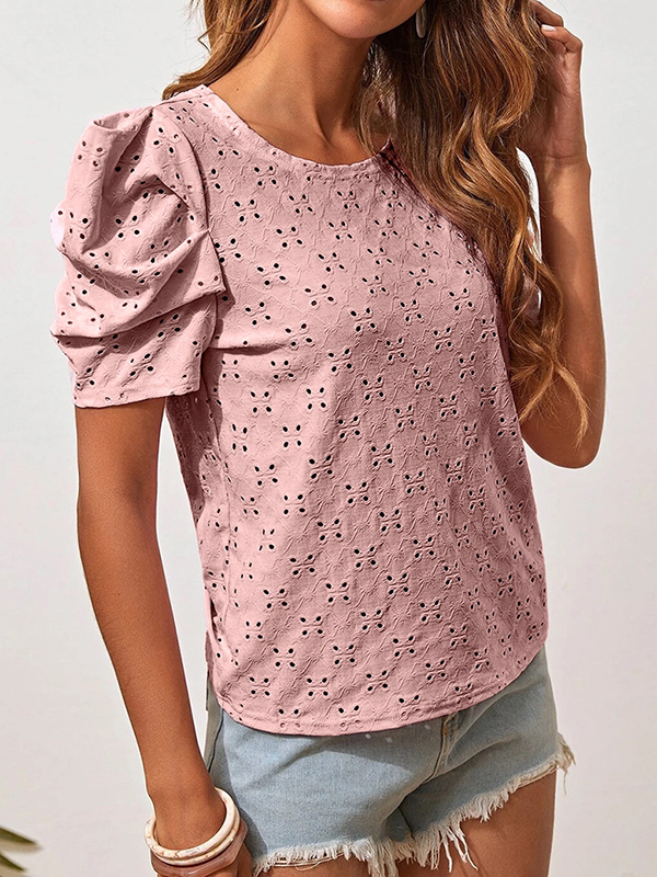 Loose Short Sleeves Hollow Pleated Solid Color Round-Neck T-Shirts Tops