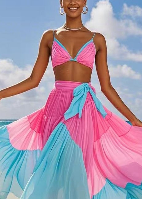 French Colorblock Elastic Waist Chiffon Skirt Summer