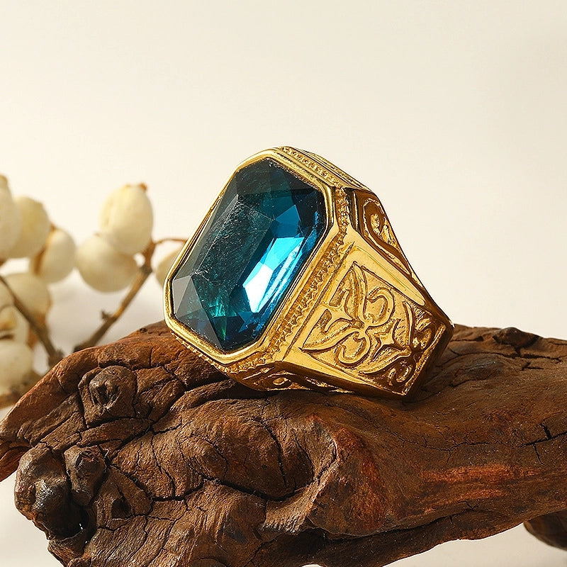 Retro Square Titanium Steel Plating Inlay Artificial Gemstones Rings