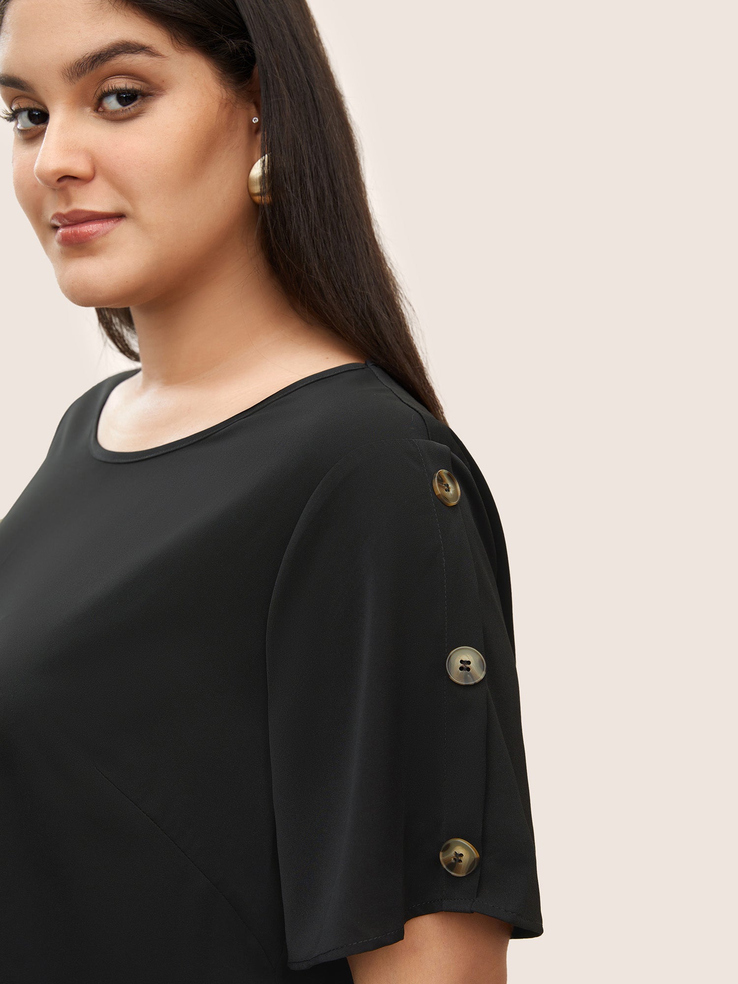 Plain Round Neck Button Detail Blouse