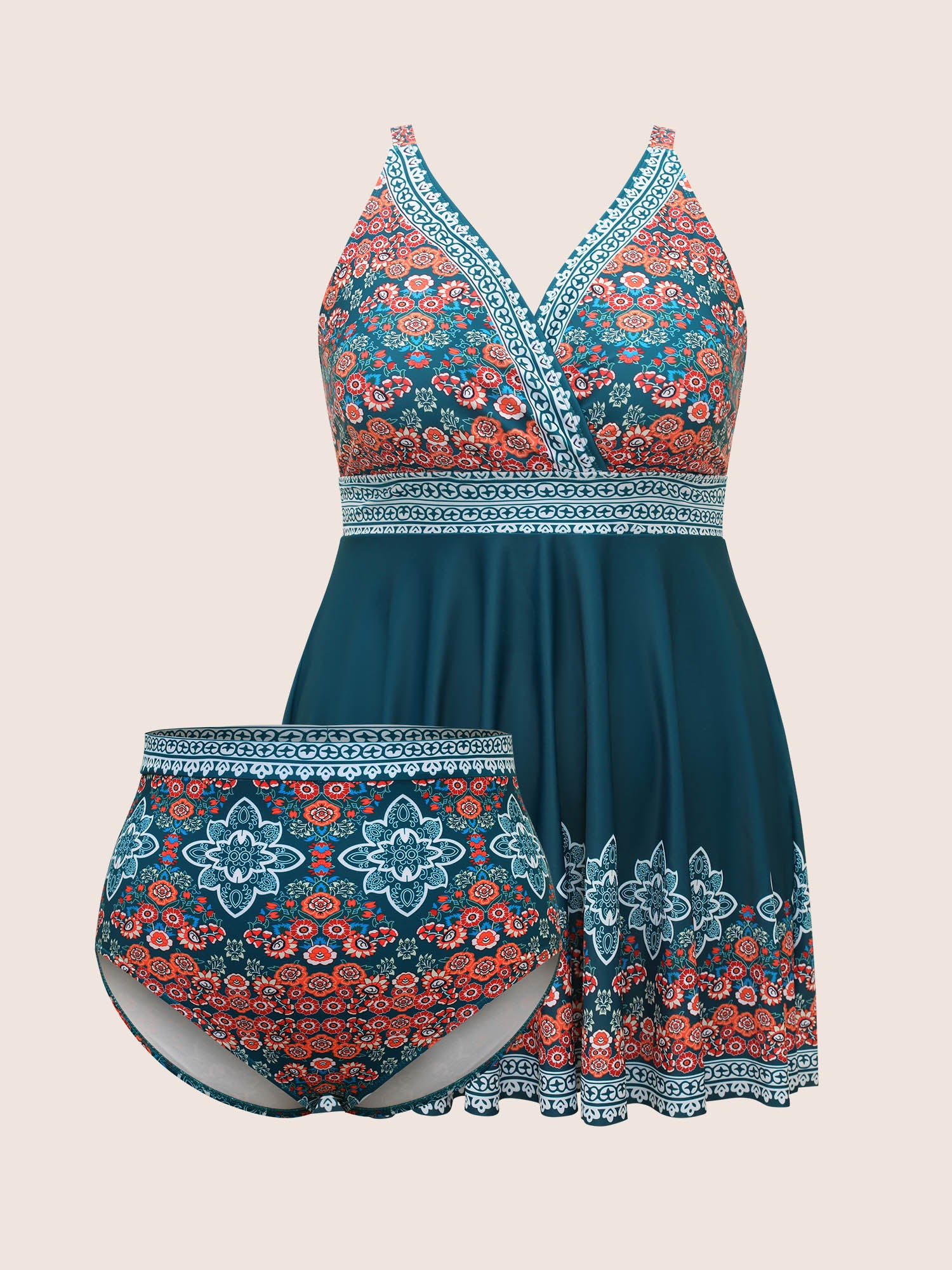 Boho Print Gathered Overlap Collar Swim Dress