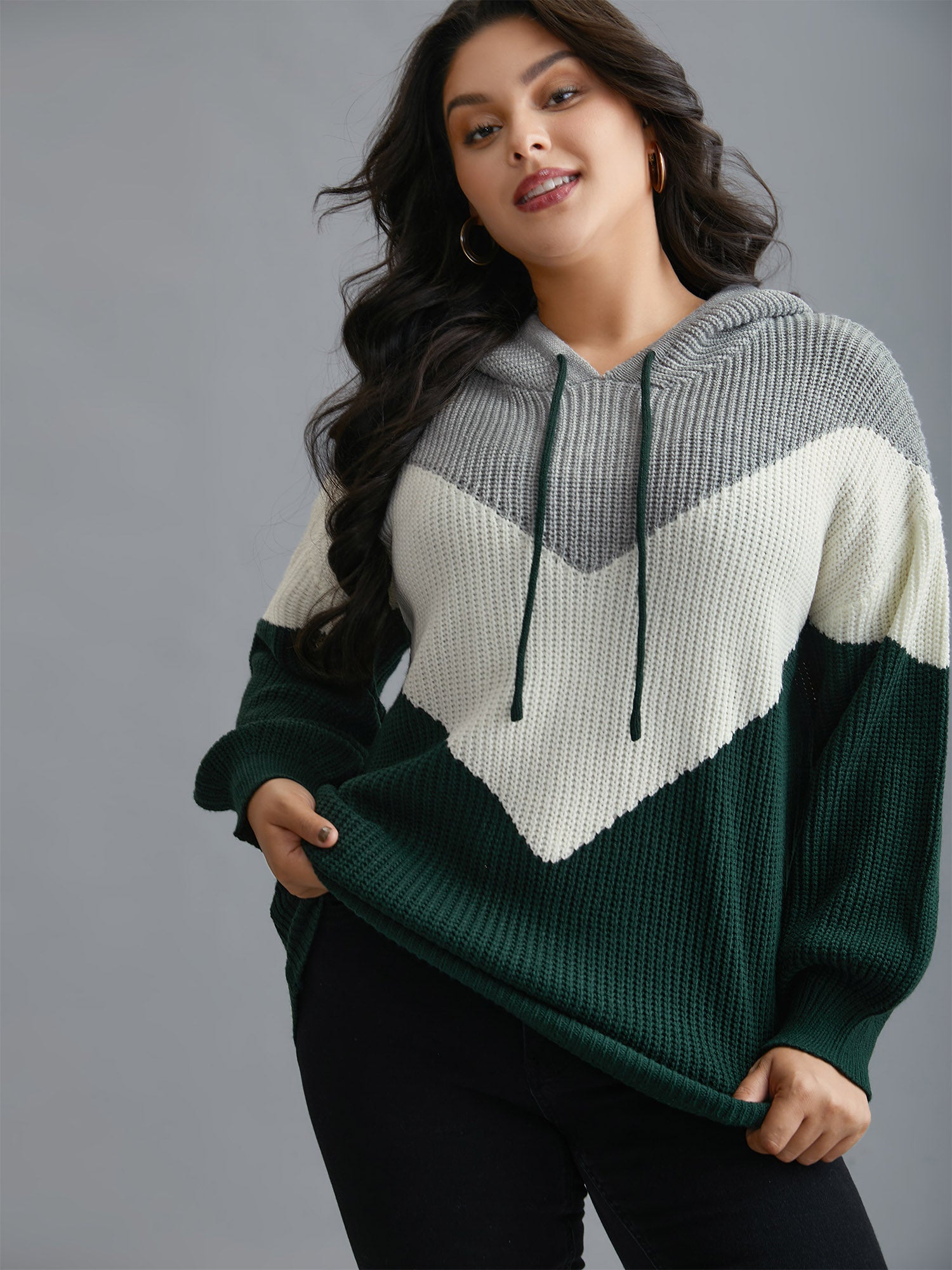 Hooded Color Contrast Drop Shoulder Pullover