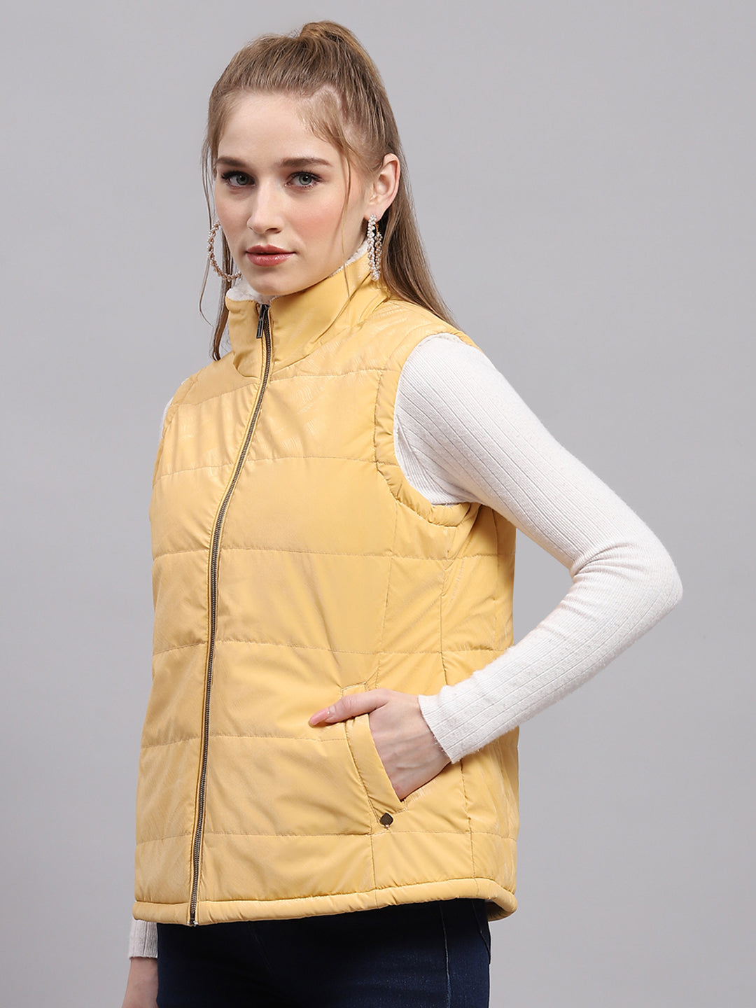 Women Yellow Solid Mock Neck Sleeveless Jacket