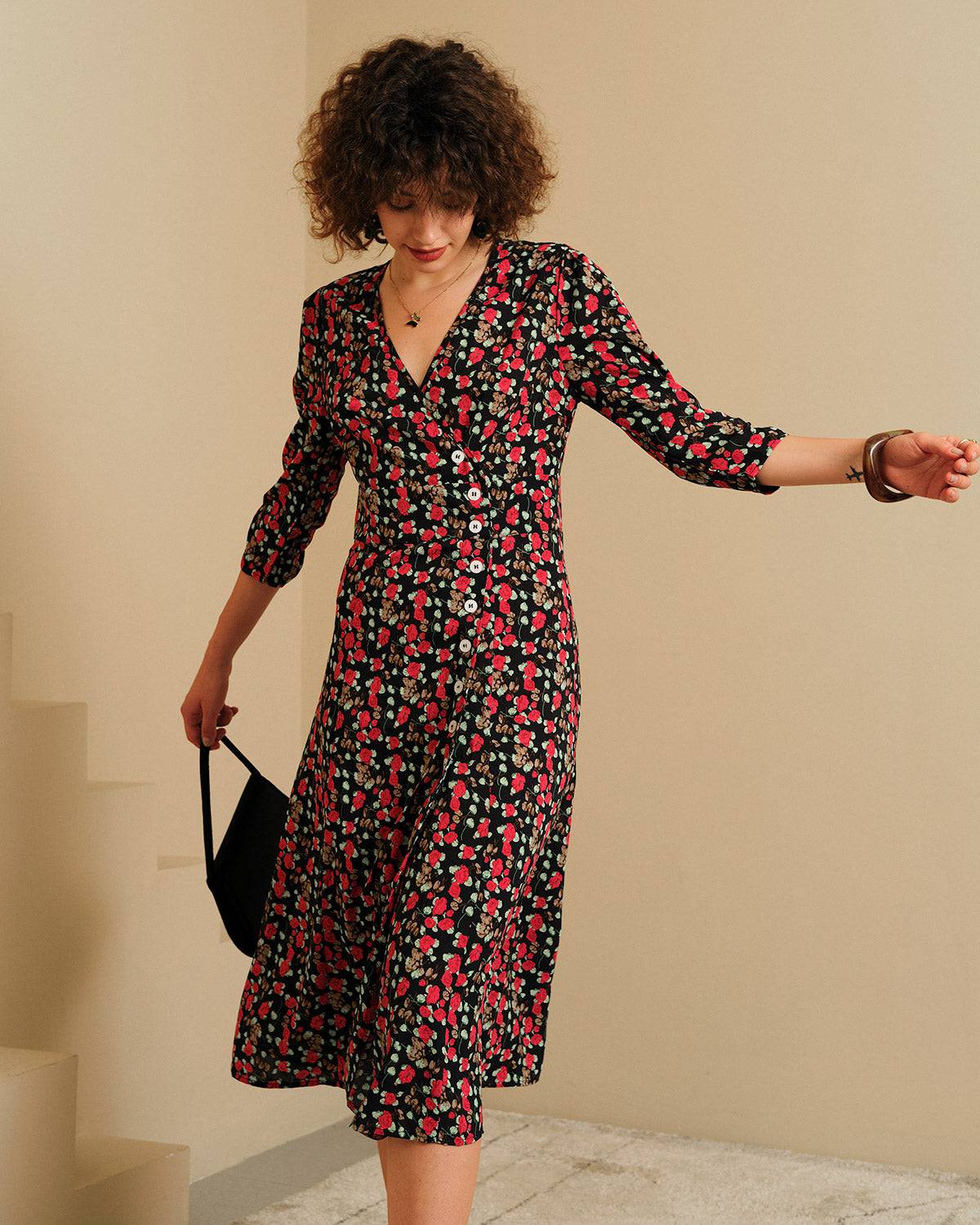 The V Neck Button Floral Midi Dress