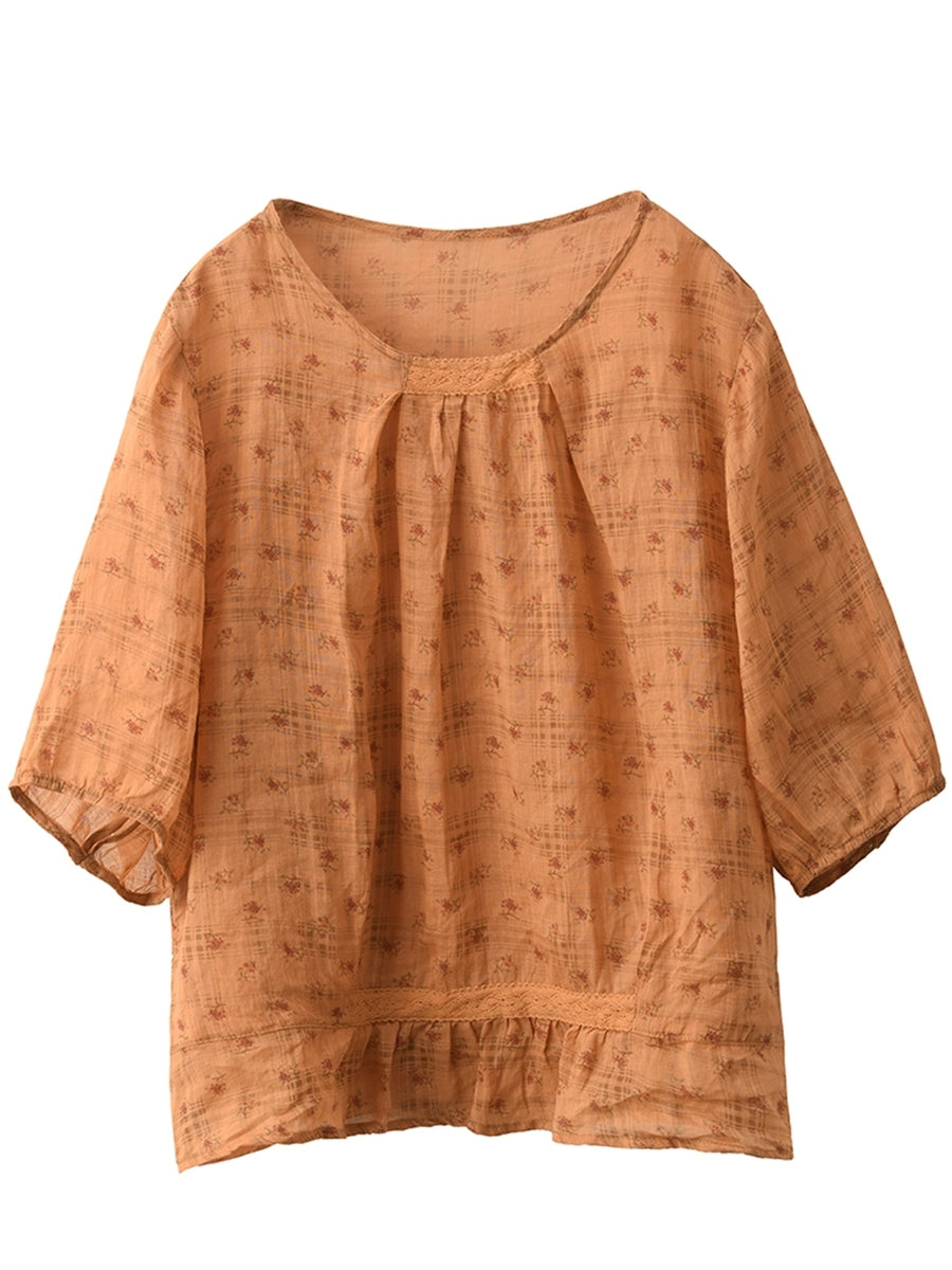 Women Summer Artsy Floral O-Nck 100%Ramie Shirt