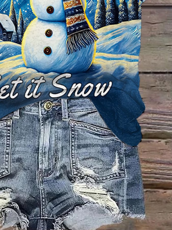 Retro Christmas Starry Night Snowman Let It Snow Print T-Shirt