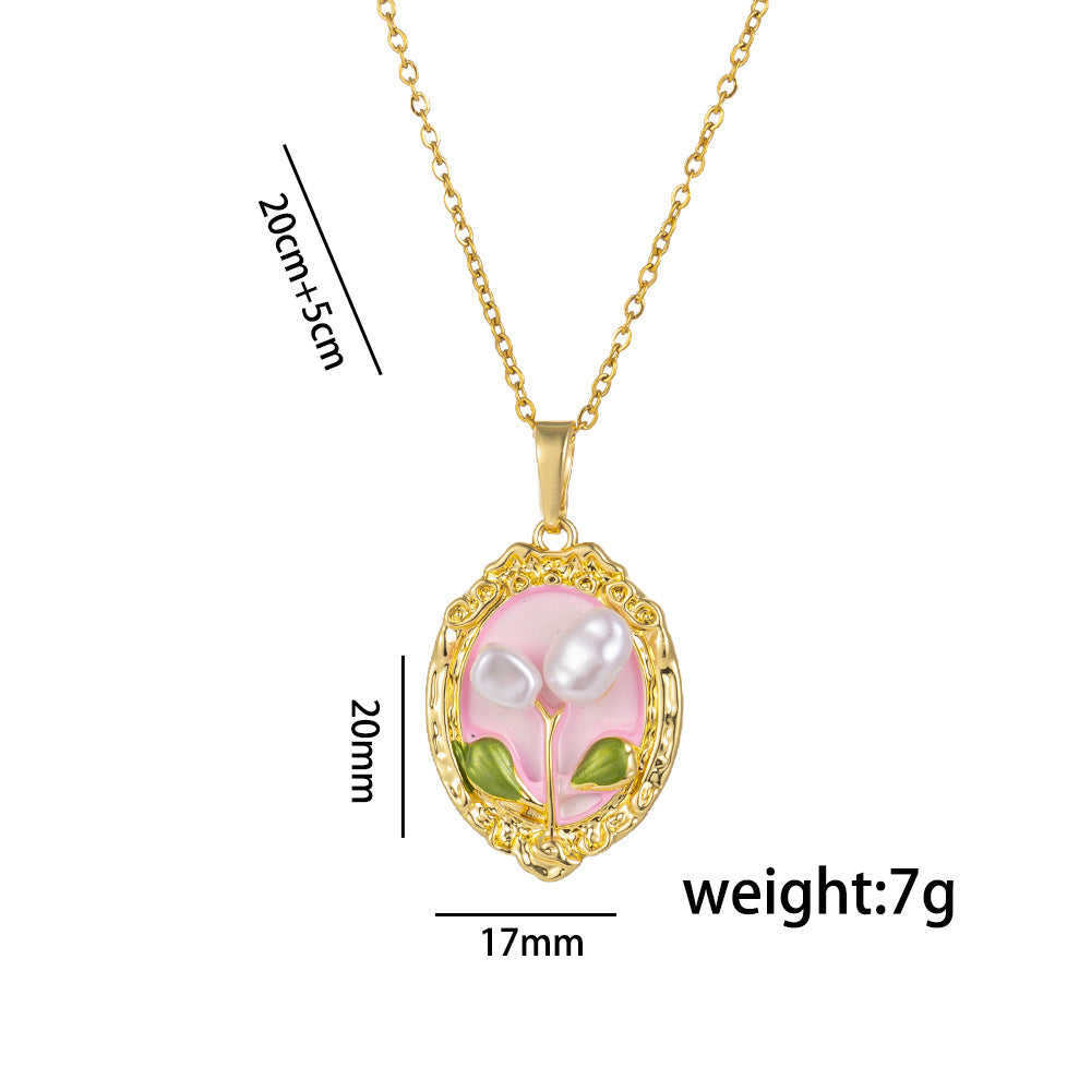 French Retro Oil Drop Baroque Freshwater Pearl Enamel High-Grade Painted Flower Pendant Necklace