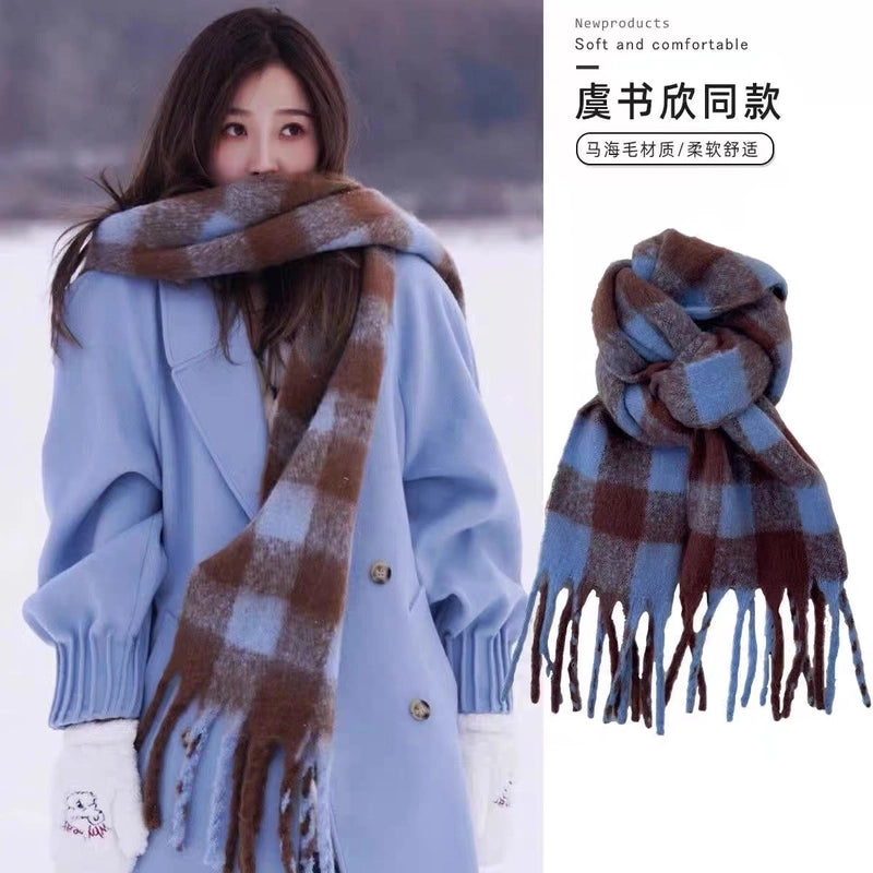 Plaid Tassel Mohair Scarf Women's Spring Students Travel Fashionable Sticker Casual Scarf
