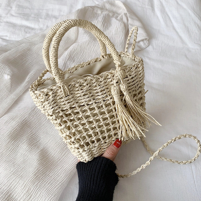 Women's Small Spring&summer Straw Solid Color Vacation Bucket String Straw Bag