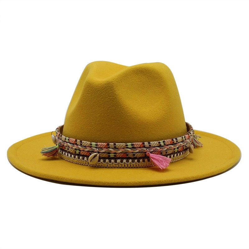 Hot Sale Woolen Hat Tassel Ethnic Style Jazz Hat Retro Flat Brim Big Brim Hat