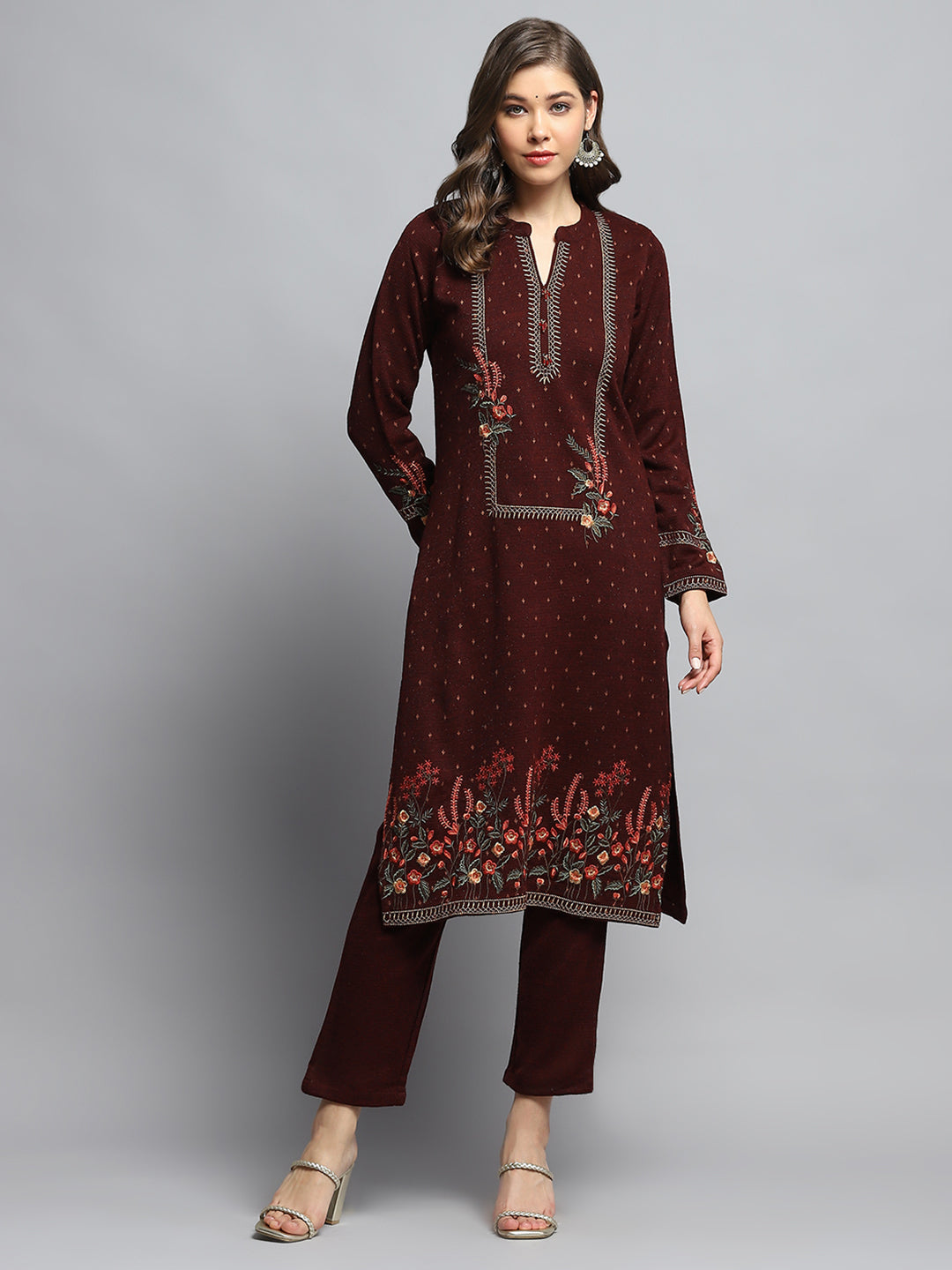 Women Maroon Self Design Round Neck Full Sleeve Kurti Set