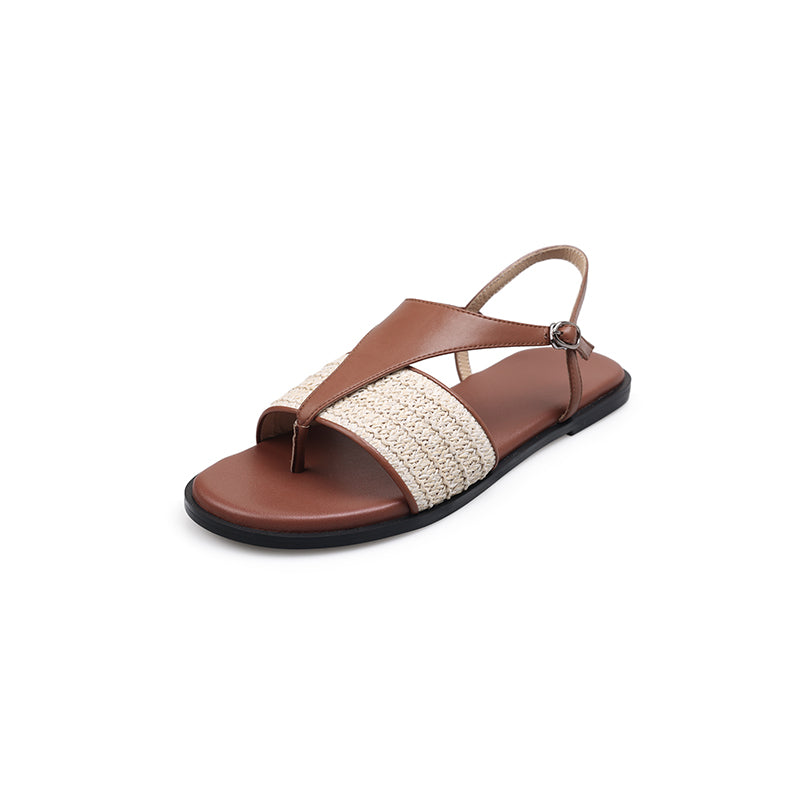 Vintage Style Woven Toe Post T-Straps Slingback Flat Sandals Roman Inspired Summer Shoes in Beige/Brown