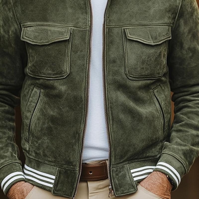 Men's Striped Trim Suede Stand Collar Multi-Pocket Zipper Casual Jacket