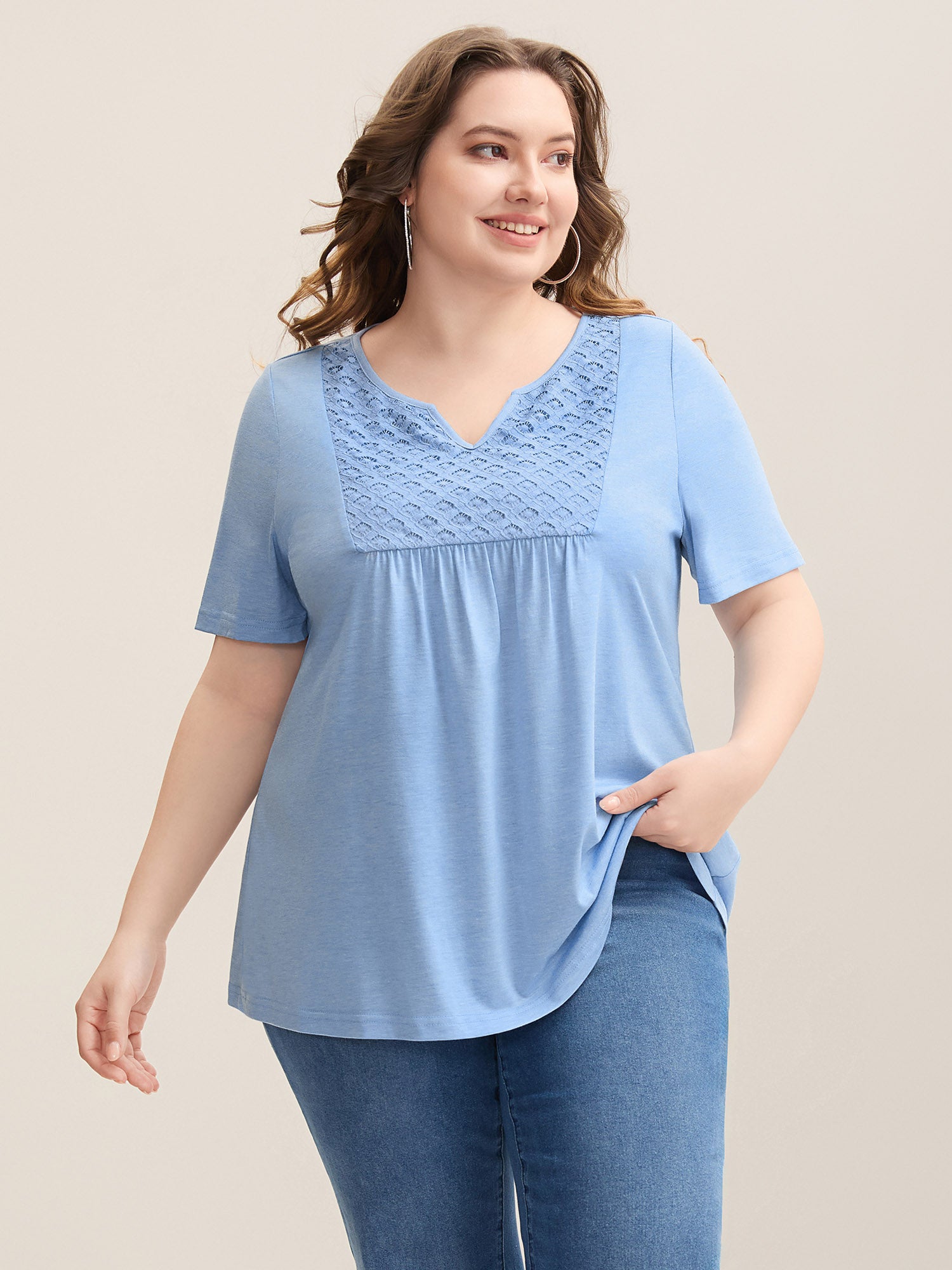 Lace Stretchy Heathered Solid Knit Top
