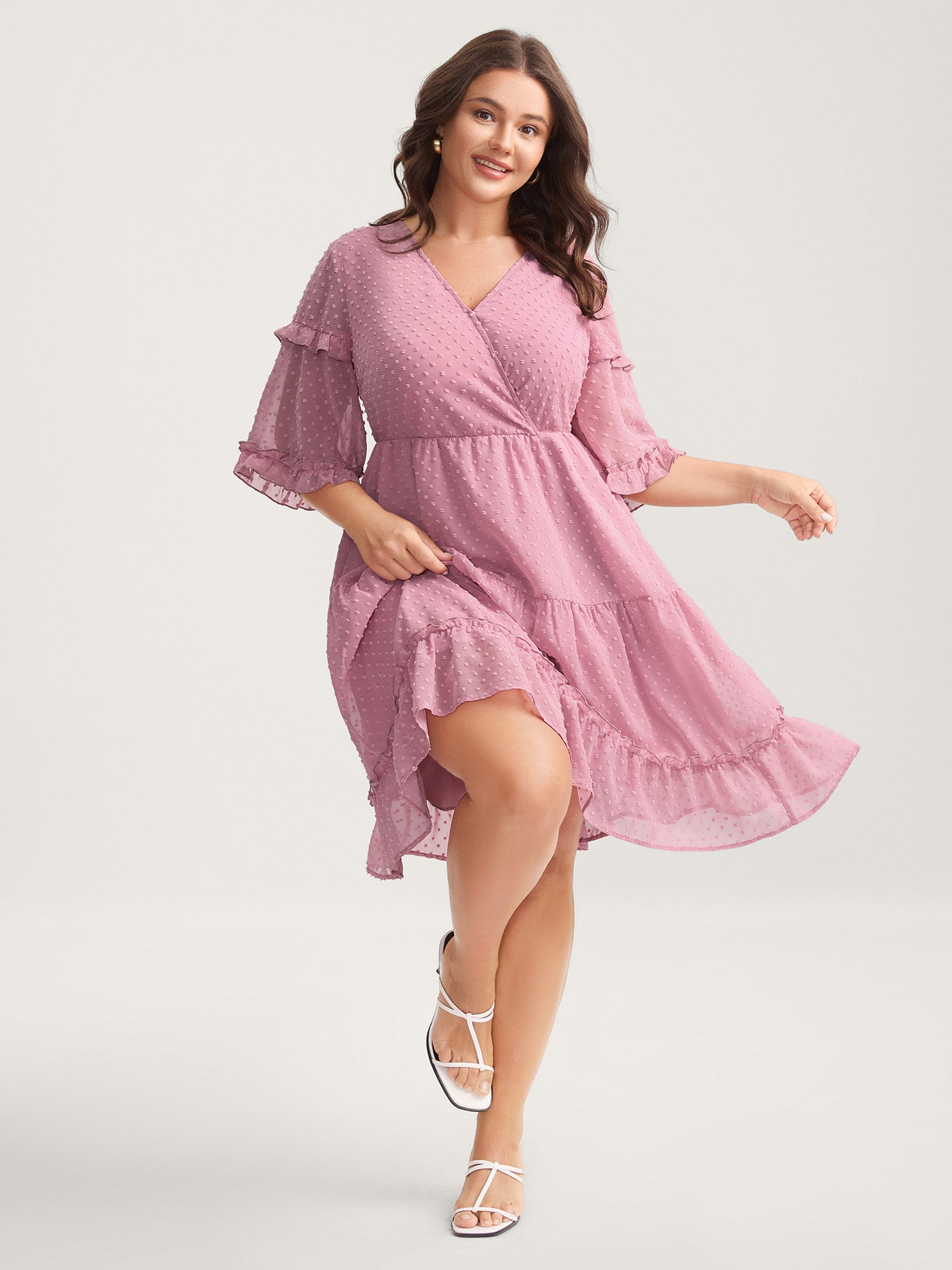 Textured Ruffled Trim Surplice Midi Dress