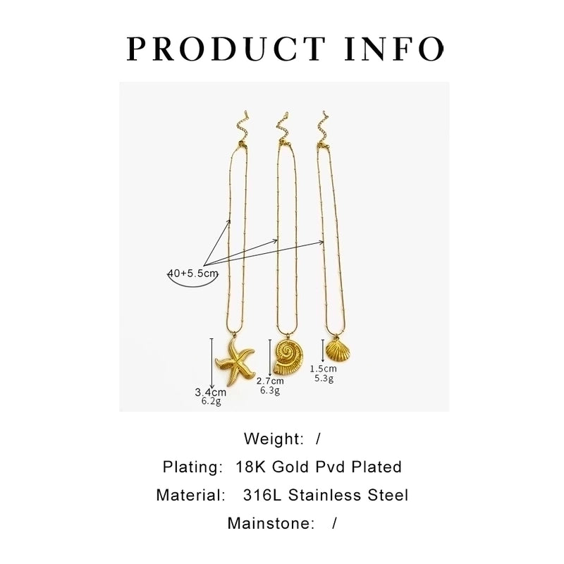 Marine Style Starfish Conch Shell 316L Stainless Steel  18K Gold Plated Pendant Necklace