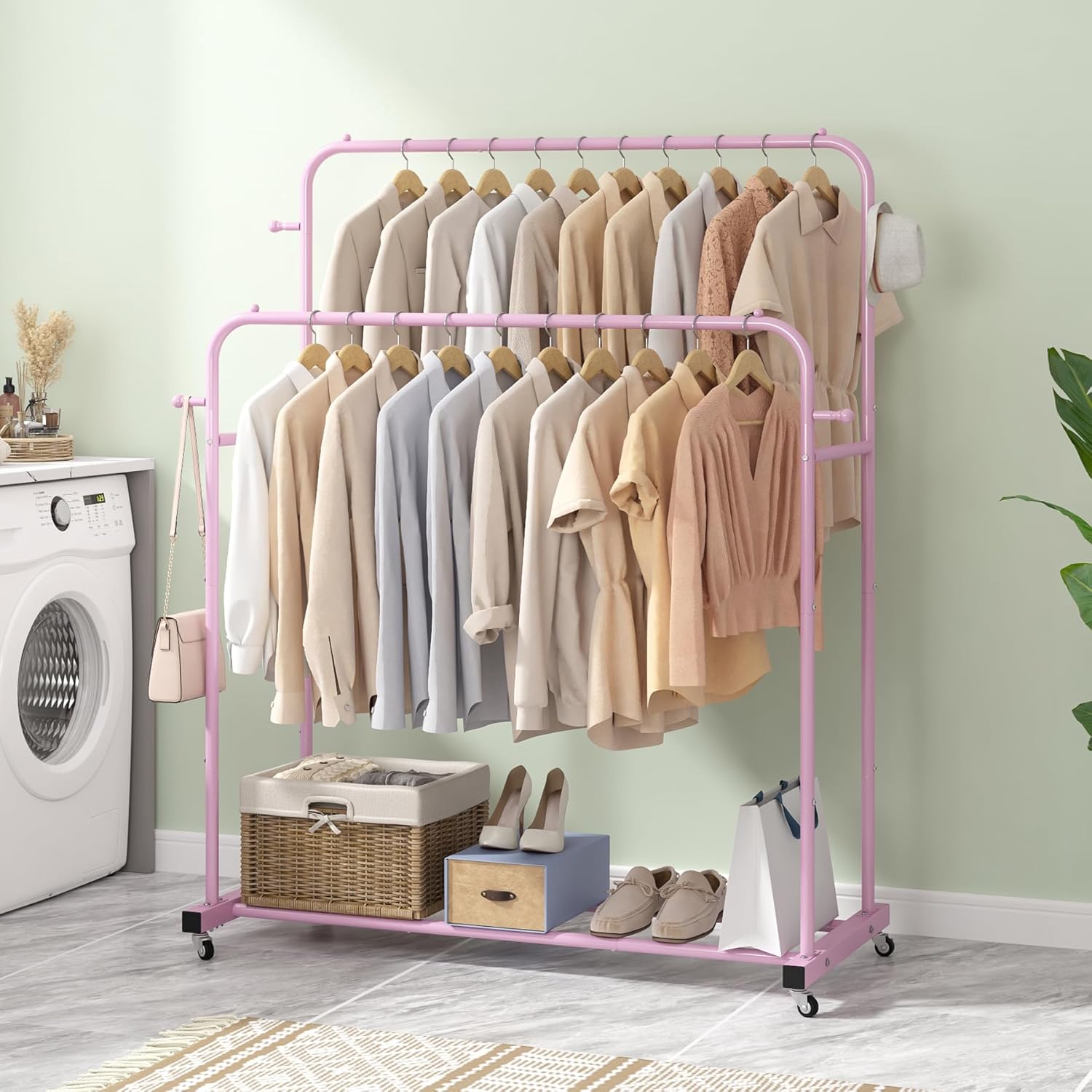 Laiensia Double Rods Garment Rack with Wheels, Clothing Rack for Hanging Clothes,4 Hooks, Multi-functional Bedroom Clothes Rack, Black