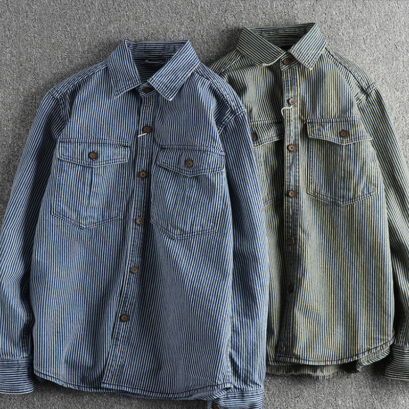 Retro Yarn-Dyed Striped Washed Distressed Workwear Denim Shirt