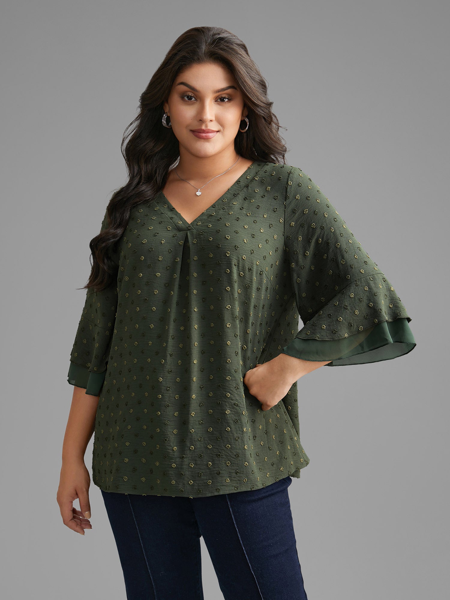 Textured Pleated Tiered Ruffle Sleeve Blouse