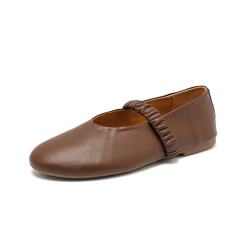 Casual Soft Sheepskin Mary Jane Flats with Elastic Strap in Khaki/Deep Brown/White/Black