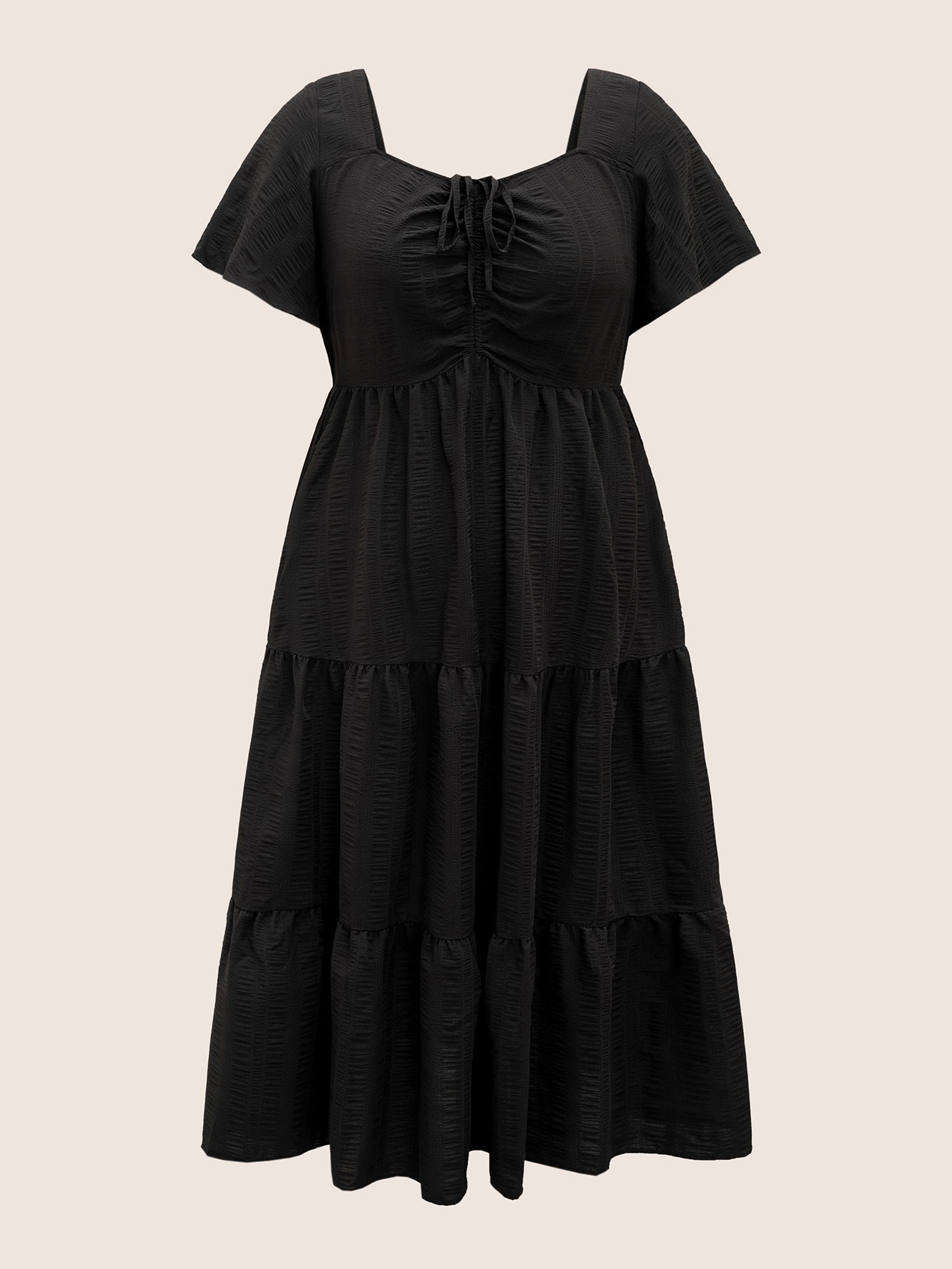 Plain Ruched Drawstring Pocket Ruffle Tiered Dress