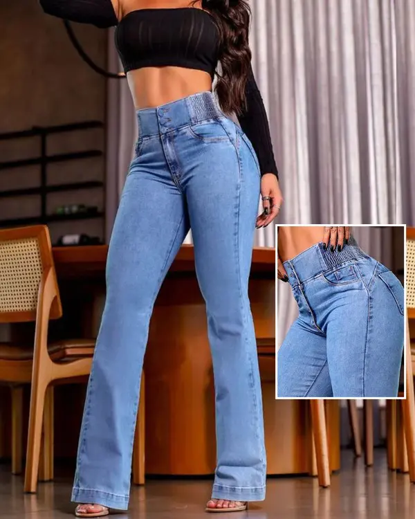 🔥Hot Sale🔥Women's Back Shirred Button Front Jeans High Waist Pants with Pockets