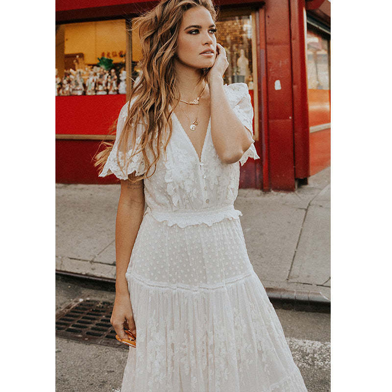 Boho Dress for Women|Bohemian Dress|Midi Boho Dress| Solid Short Sleeve Sexy Lace Bohemian Maxi DressV-neck Boho Sundress Vestidos|Wedding Guest Dress