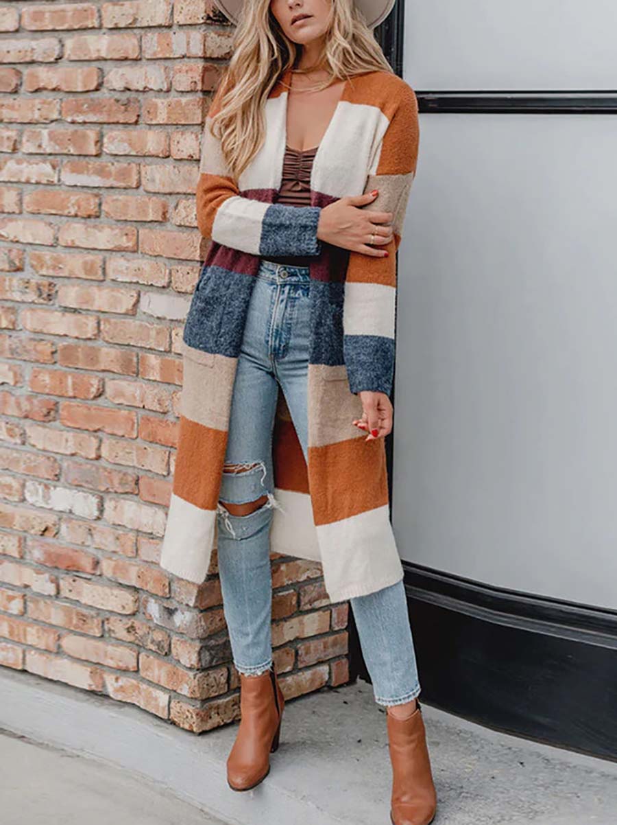 Multicolor Knitted Color Block Open Front Long Cardigan