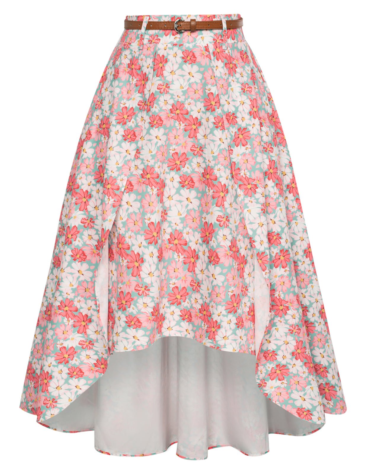 Floral Patterns High Low A Line Skirts Vintage High Waisted Midi Flowy Skirts with Belt