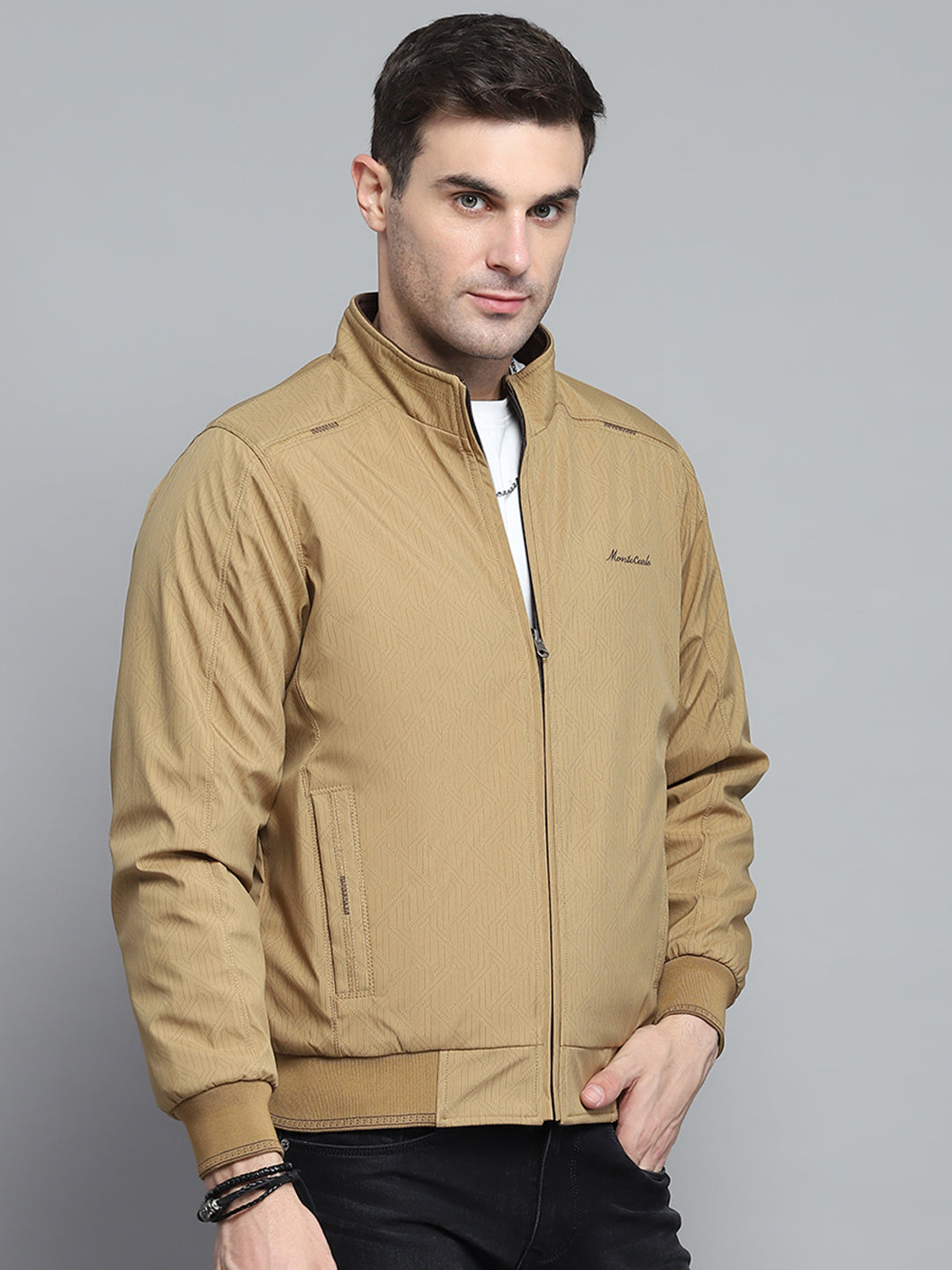 Men Khaki Solid Mock Neck Full Sleeve Jacket