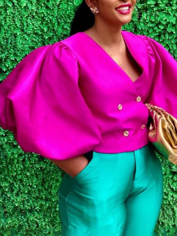 Stylish V-Neck Puff Sleeves Fuchsia Blouse