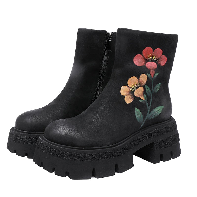70mm Platform Leather Retro Boots For Women Hand Painted Flower Decoration Coffee/Black