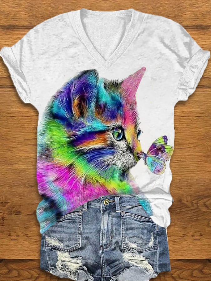 Women's Cat With Butterfly Print V-Neck Tee