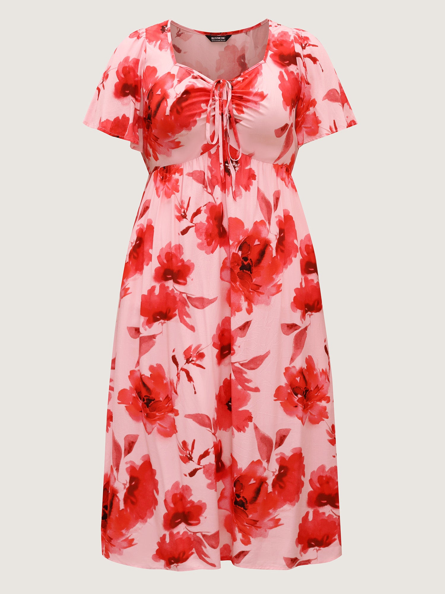 Rayon Romantic Floral Print Drawstring Midi Dress