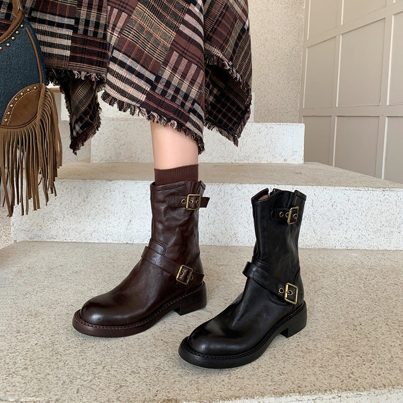 35mm Block Heel Boots Classic Women's Leather Chelsea Boots Double Buckles Detail in Black/Brown
