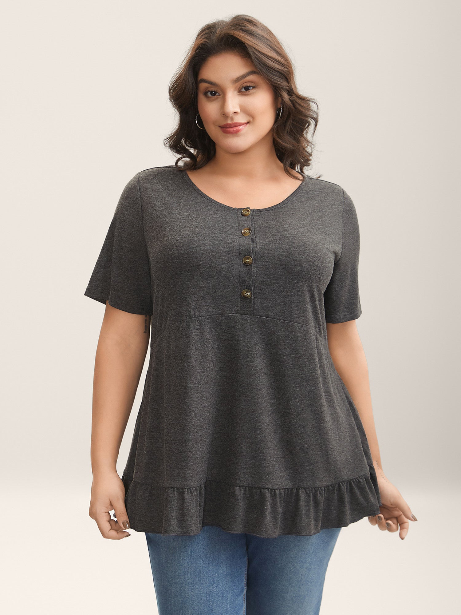 Button Detail Ruffled Hem Babydoll T-Shirt