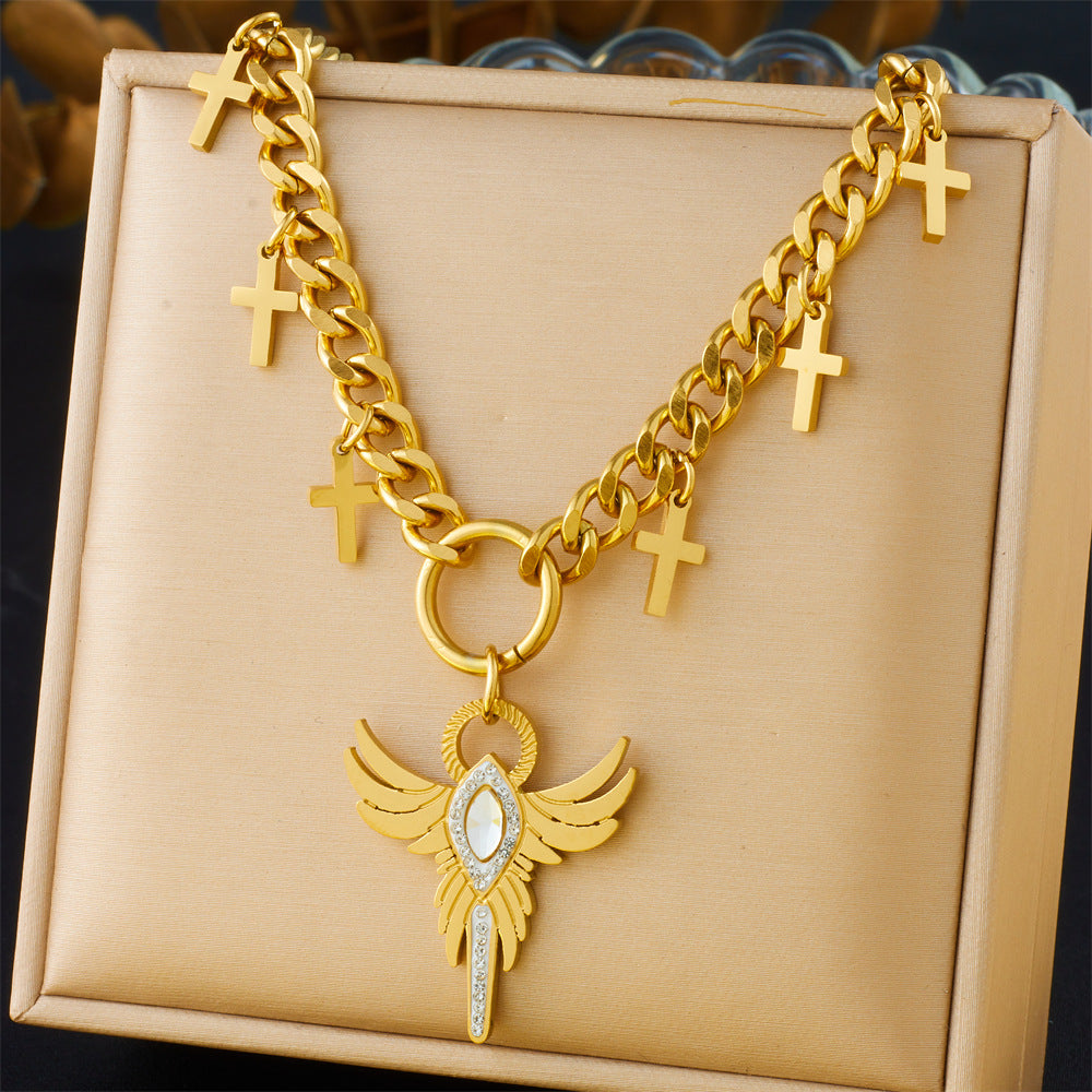 Neutral Style Stainless Steel Thick Chain Necklace Star Diamond Wing Sun Pendant Sweater Chain