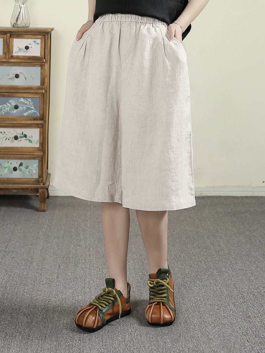 Women Summer Pure Color 100%Linen Wide-leg Fifth Pants